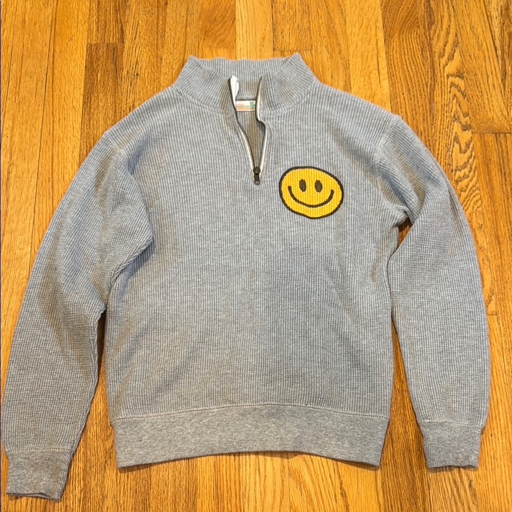 Vintage Havana Waffle Print Gray Half-Zip Sweater with Smiley Face Teens M/10-12